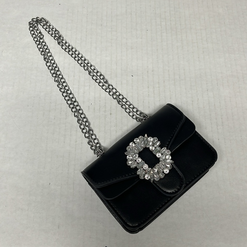Black leather Rhinestone embellished chain shoulder party Mini Bag night out - Picture 6 of 16